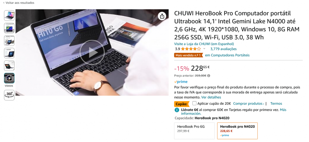 Screenshot 2023-08-01 at 22-27-07 CHUWI HeroBook Pro Computador portátil Ultrabook 14 1' Intel Gemini Lake N4000 até 2 6 GHz 4K 1920 1080 Windows 10 8G RAM 256G SSD Wi-Fi USB 3.0 38 Wh Amazon.es Computadores.png